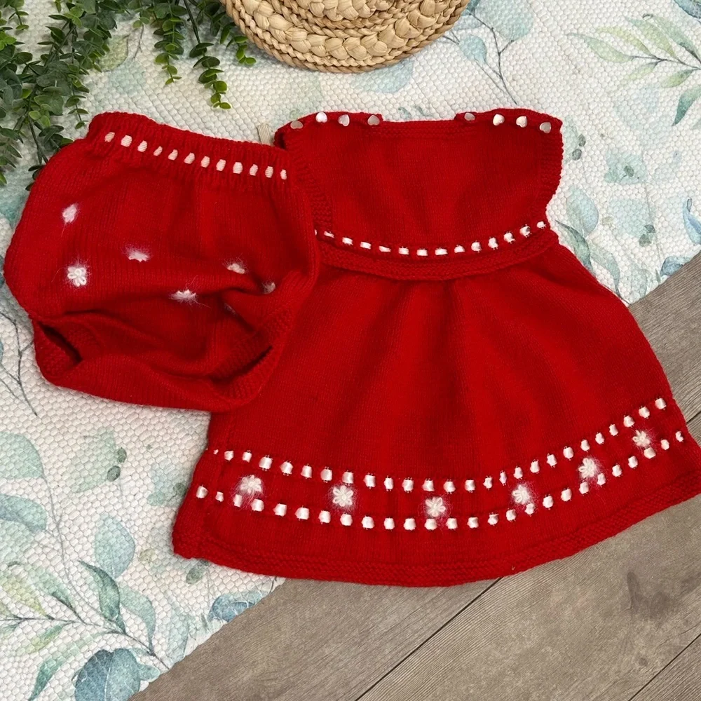 Red Knitted Baby Dress with White Accents
